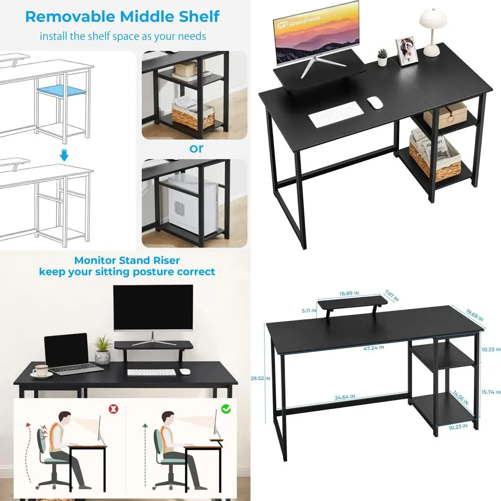 

Современный черный домашний офисный стол 47 дюймов с подставкой для монитора и местом для хранения, подходит для ПК и ноутбуков