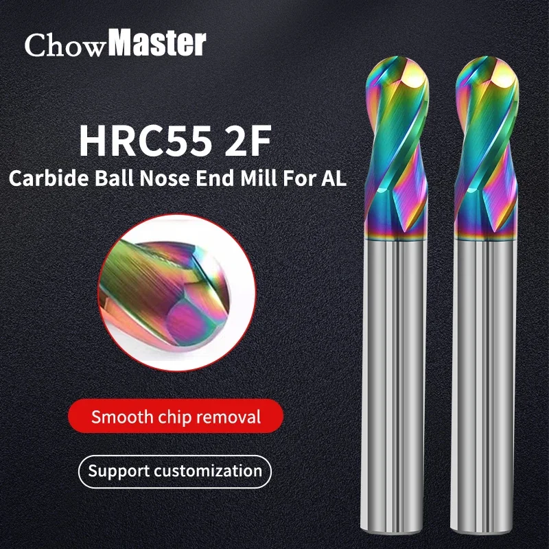 

HRC55 R0.5-R10 Colorful Ball Nose Carbide End Mill 2 Flutes 50-150mm Length Tungsten Steel Milling Cutter for Aluminum