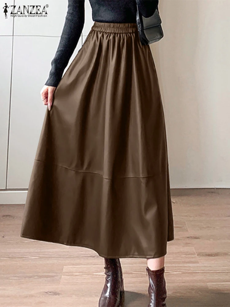 ZANZEA Women Long Maxi Jupe 2024 Autumn PU Leather Skirts Fashion Solid Elastic Waist Faldas Elegant Oversized Holiday Overskirt