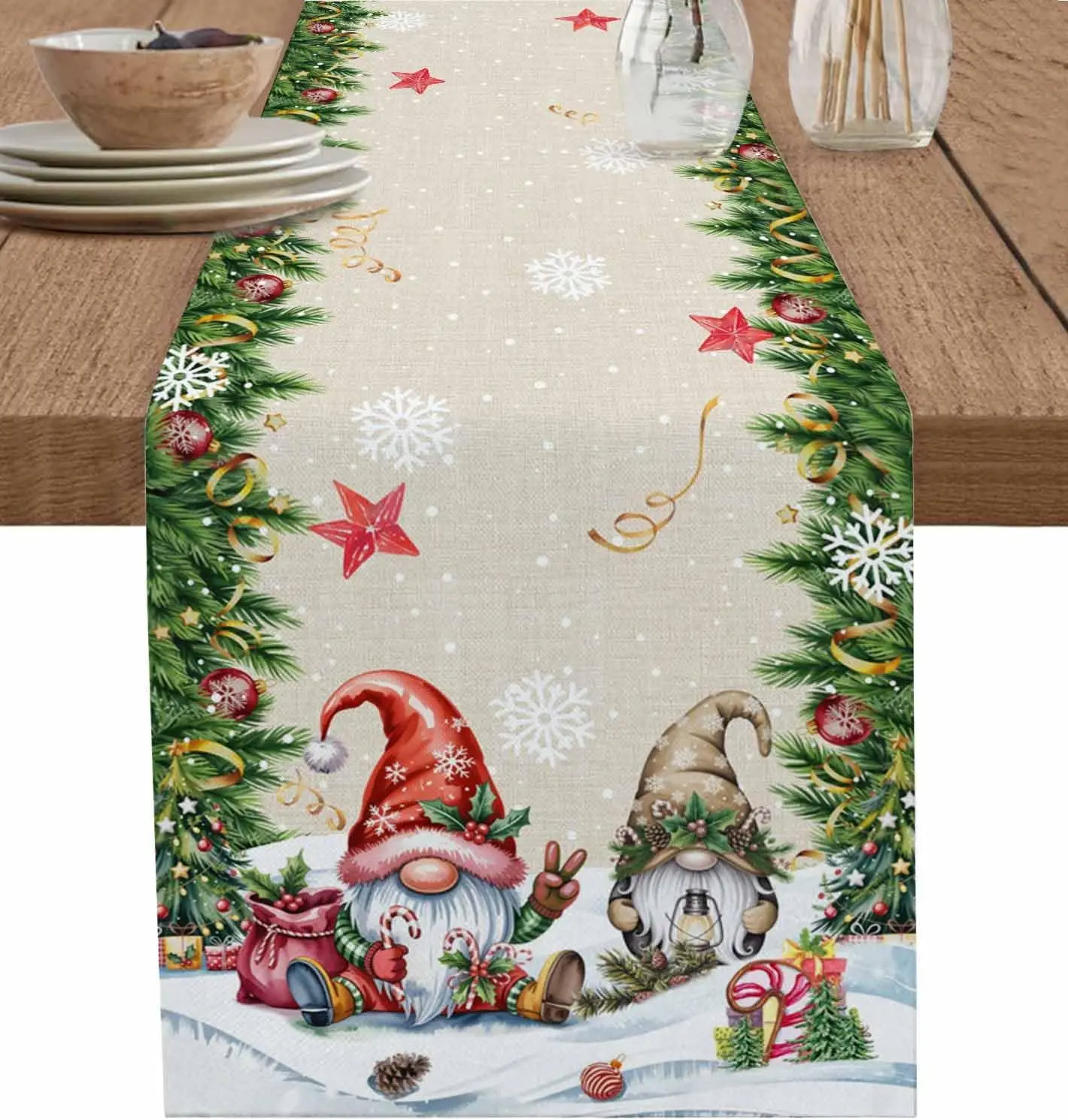 

Christmas Gnomes Pine Needle Linen Table Runner Party Decor Winter Snowflakes Kitchen Dining Table Runners Christmas Decorations