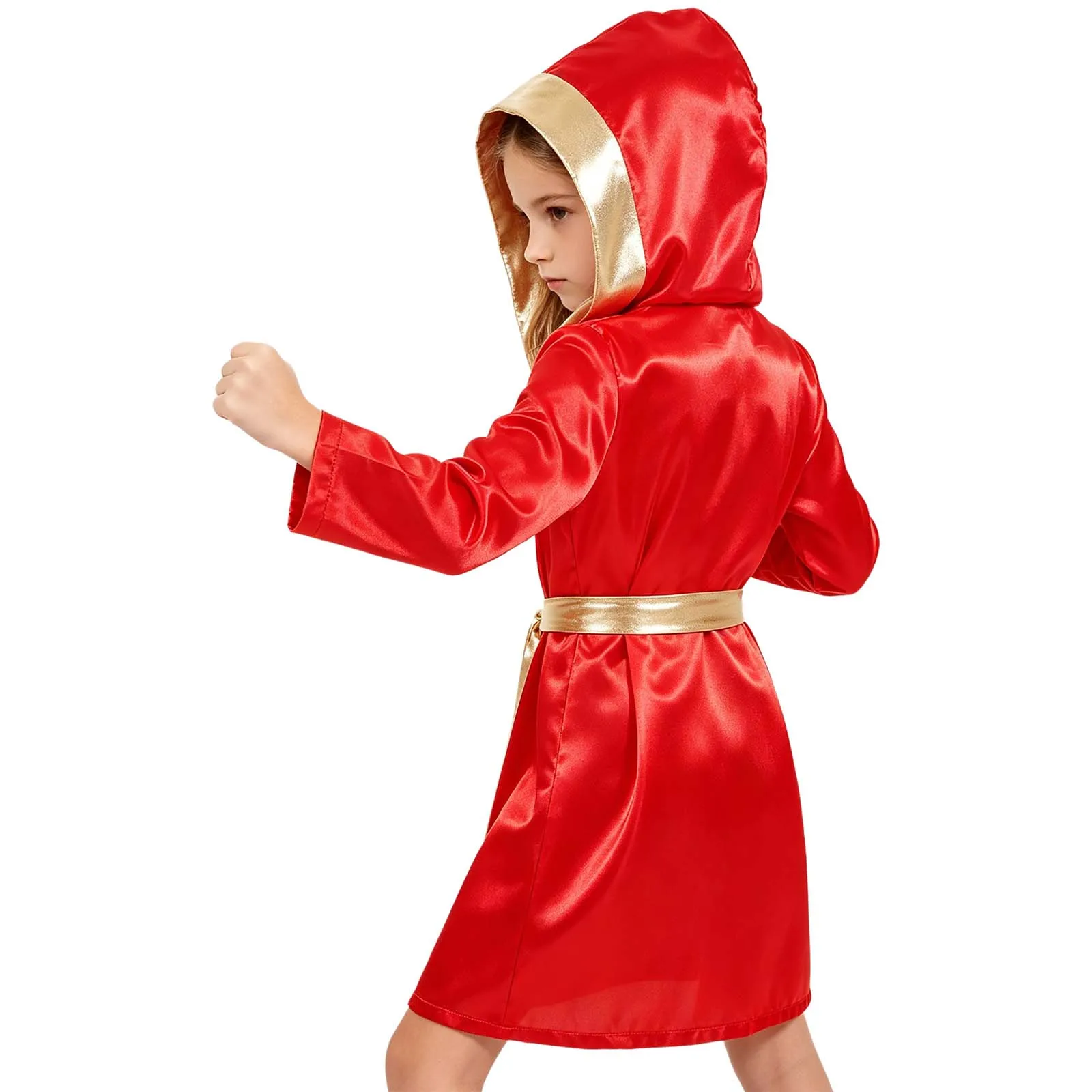 Kinder Jungen Mädchen Metallic-Verzierung Kampf-Boxoutfit mit Kapuze, Boxermantel und Gürtel, Blumenmuster-Weste mit elastischem Bund und Shorts – Detail 8