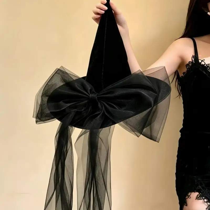 39BD Pointed Witch Hat Costume Accessory with Black Hat Body and Sheer Ribbon Accent for Halloween Photo Styling Use