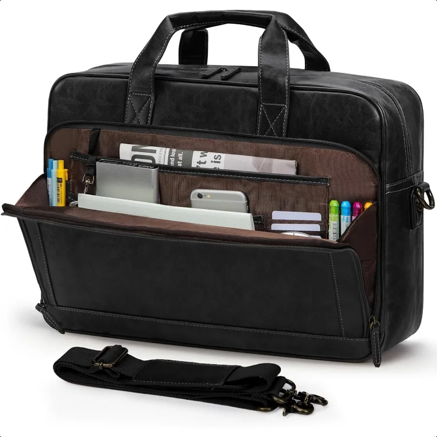 

RAINSMORE Mens Laptop Bag 16 Inch Leather Briefcase Menger Bag for Men Large Crossbody Shoulder Office Computer Bag Retro Coll