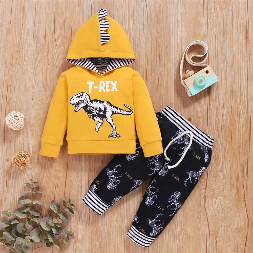 2PCS Baby Boy Spring&Autumn Clothes Set Dinosaur Hooded Long Sleeved Top+Pants Sporty Outfit for Toddler Boy 0-3 Years