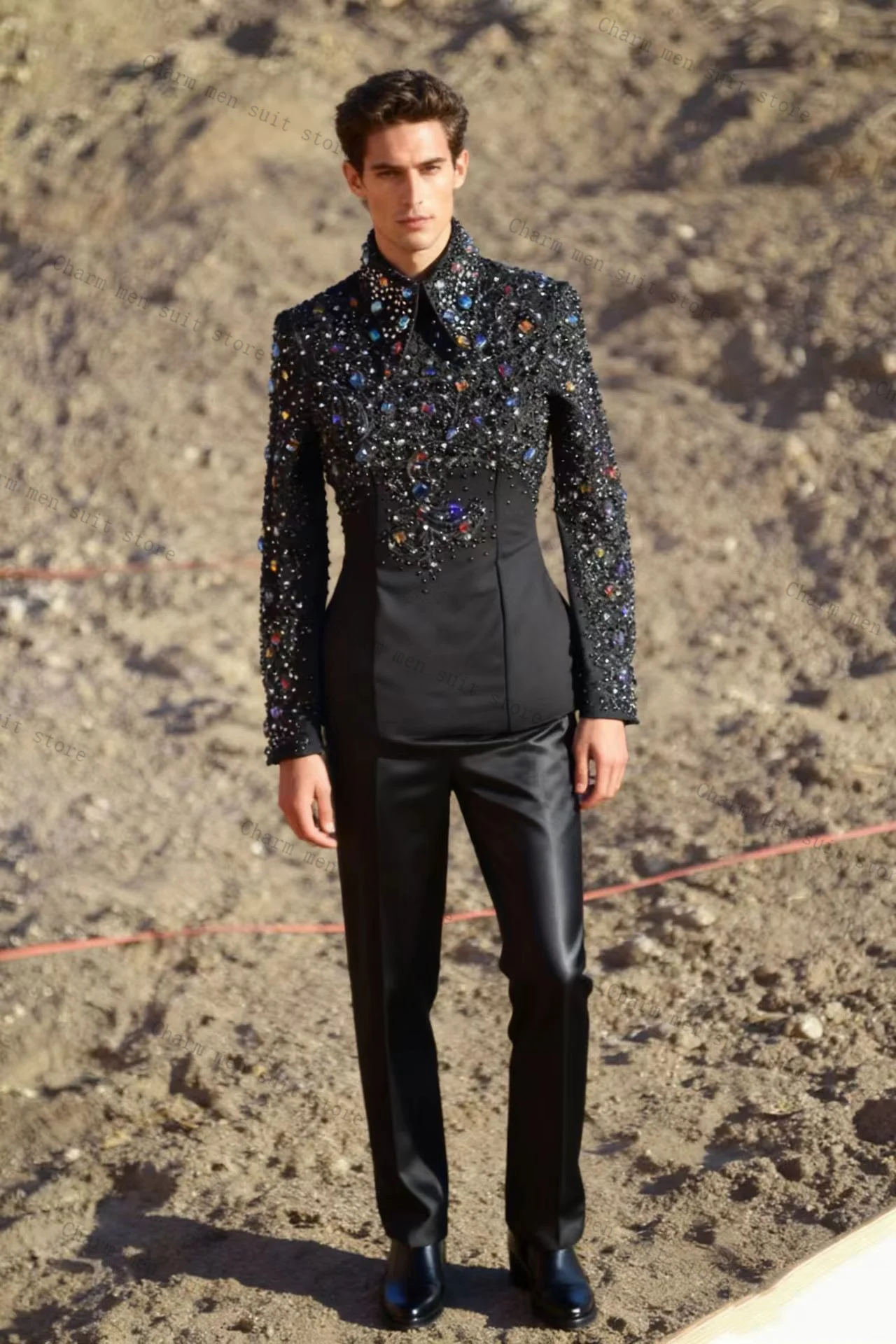 

Colorful Crystals Men Suits Set 2 Pcs Black Blazer+Pants Trousers Cotton Wedding Tuxedo Formal Office Business Groom Jacket Coat