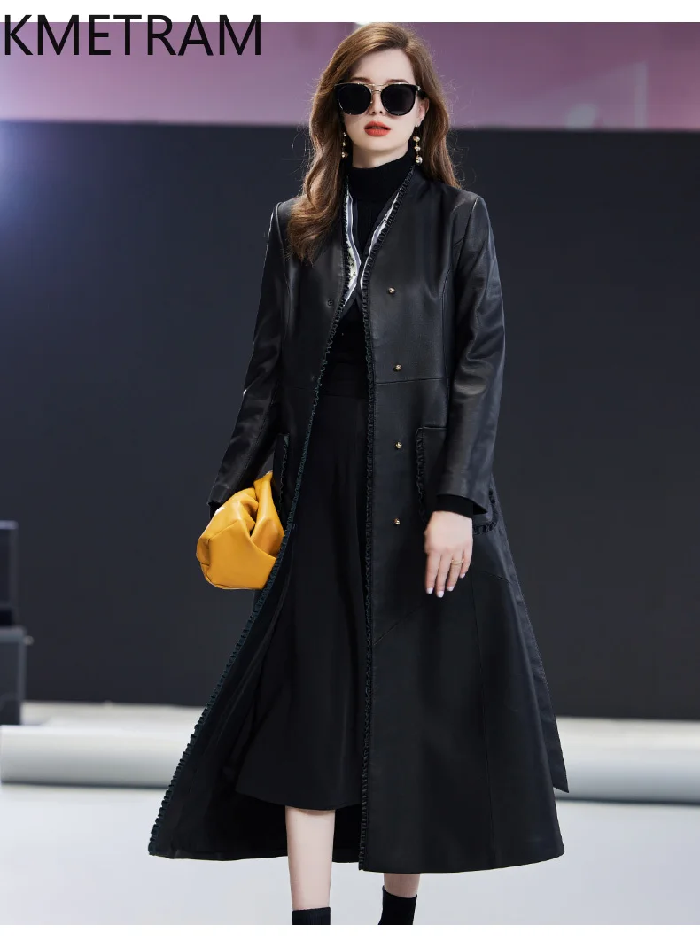 Chaqueta de cuero genuino para mujer, chaquetas largas de piel de oveja auténtica, gabardina de cuero negro de alta calidad, ropa de primavera 2025 para mujer