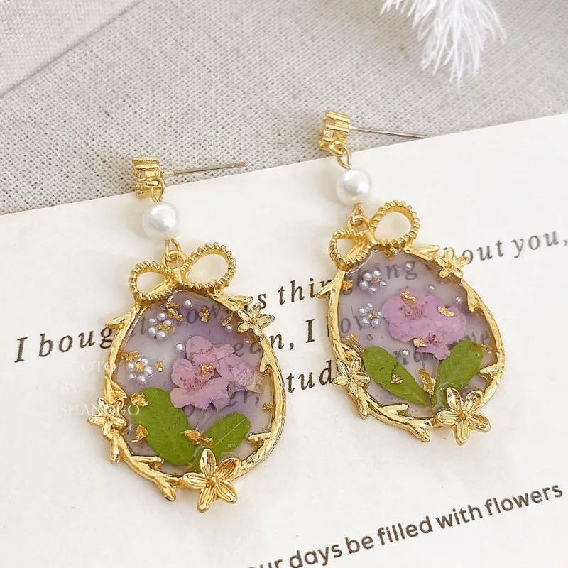 Natural Dried Flower Earring Women Luxury Drop Earring Epoxy Resin Pressed Flower Earrings Statement Jewelry Wholesale 2024 New