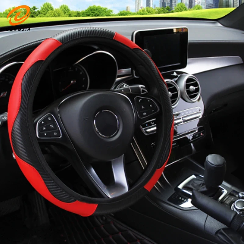 A Red and Black Car Steering Wheel Cover Carbon Fiber Sport without Inner Ring Elastic Elastic Leather Handle Cover