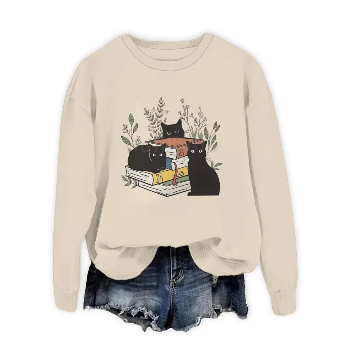 

Женский свитшот с забавными книгами и черным котом, дизайн для любителей книг с цветочным принтом, модные повседневные топы, винтажный свитер с милыми животными и цветочным принтом