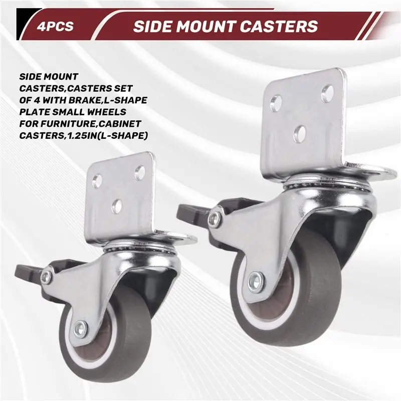 DT17 8PCS Side Mount Casters with Brake L-Shape Plate Small Wheels for Furniture Cabinet Casters 1.25In Set