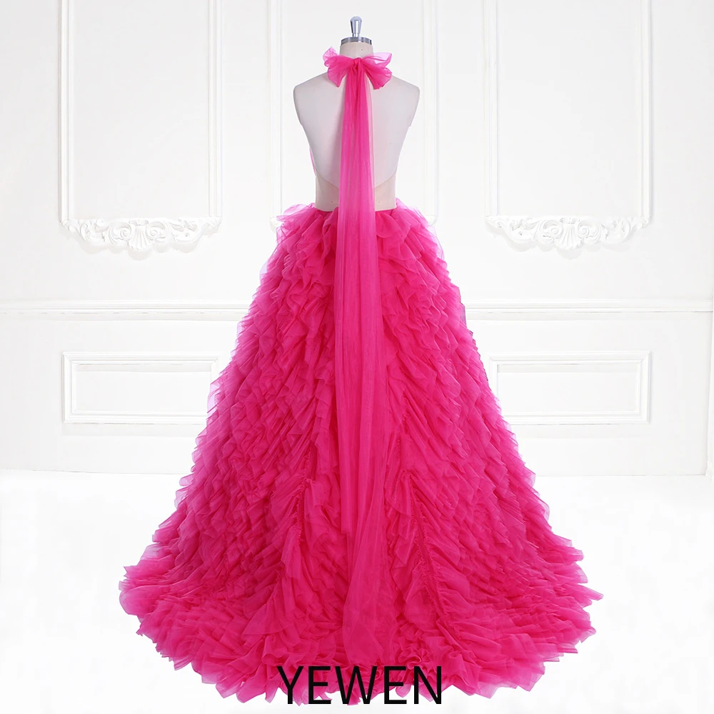 Vibrant Fuchsia Halter Tulle Ruffles Prom Gown Wedding Dress Photo Shooting Dress Outfit Elegant Party Dresses YEWEN YW230729