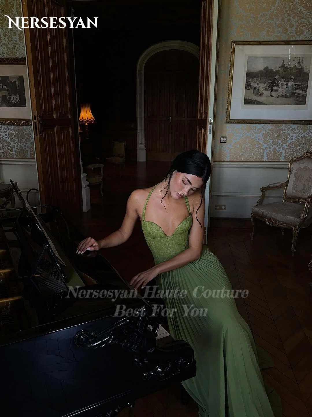 Nersesyan Sage Green Lace Prom Dresses off Shoulder Pleated Formal Evening Dresses Halter Appliques Women Party Gowns Customized