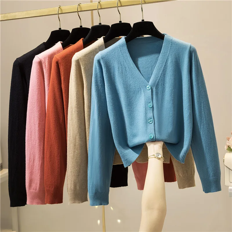 

Solid Knitted Cardigan Sweater For Women 2025 Autumn Winter V-neck Long Sleeve Casual Loose Short Tops Single Breasted