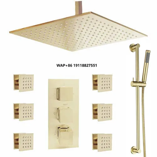 

Luxury Brushed Gold 16 Inches Ceiling Thermostatic Shower Head Set