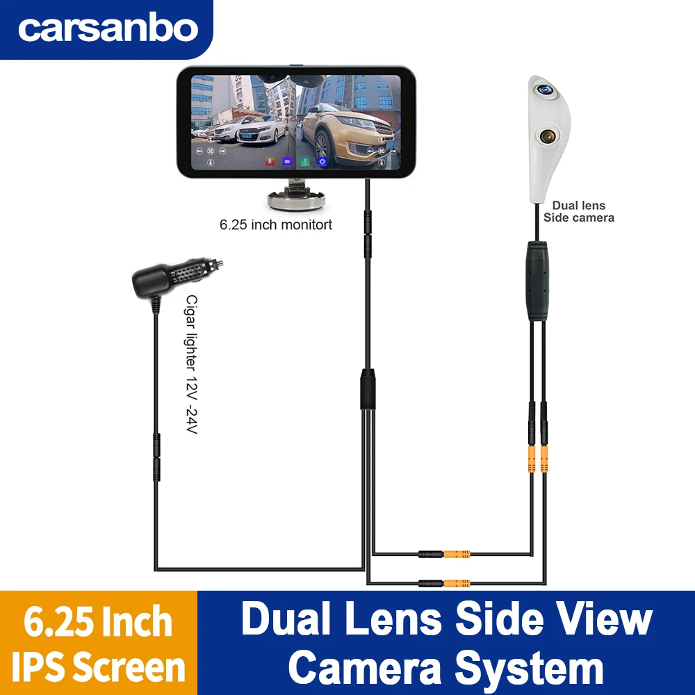 Carsanbo 6.25Inch Blind Spot Alarm System Car Touch Split Screen Monitor Display AHD 1080P Digital Dual Lens Side View Camera