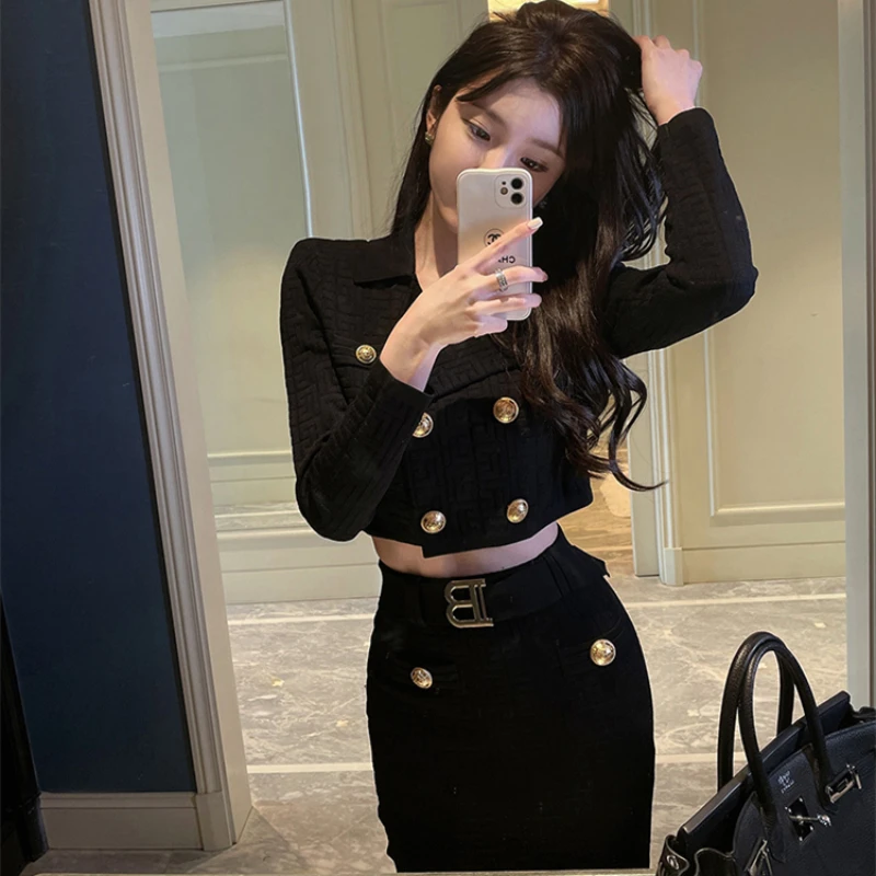 

Woman's Autumn/winter Fragrance Short Texture Suit Skirt Set Black Hepburn Double-breasted Suit Bag Hip Overskirt Two-piece Set