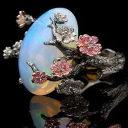 Hot Sale Retro Creative Personality Flower Opal Ring Black Color Separation Ring Accessories Wholesale