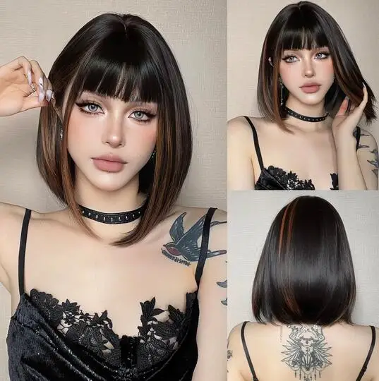 

Dark Brown Highlight Short Straight Synthetic Wigs with Bangs for Women Cosplay Party Daily Bob Hair Wig Heat Resistant Fibre