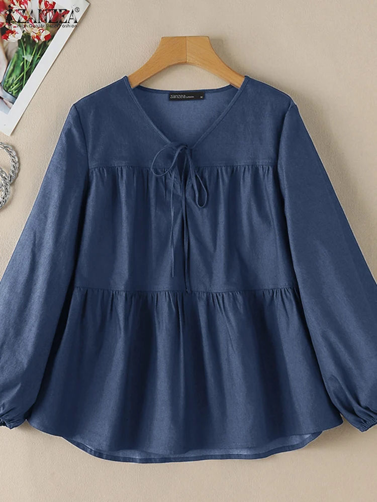 2024 Autumn Fashion Denim Blue Blouse ZANZEA Women Shirt Elegant Long Sleeve Lace Up Tops Tunic Stylish Work Holiday Blusas