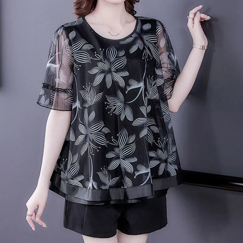 Summer New Loose Patchwork T Shirt Tops Short Sleeve Round Neck Plus Size All-match Pullovers Vintage Fashion Women Clothing