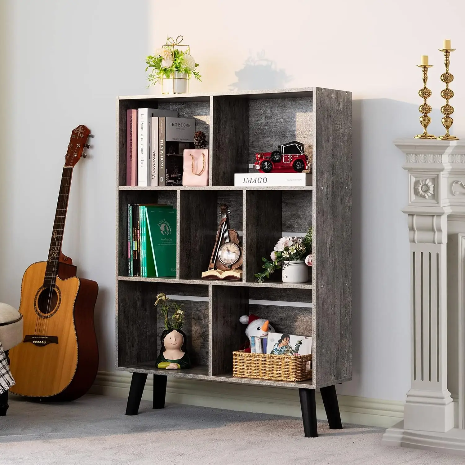 Cube Bookshelf with Legs, 3 Tier Rustic Wood Freestanding Storage Organizer, Open Shelves for Bedroom  Office, Customized