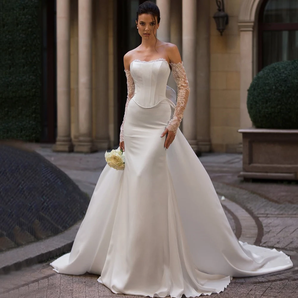 

Chic Strapless Backless Wedding Dress Customized Mermaid Floor Length Satin with Bow Sweep Train Bride Lace Sleeve Fashion Gowns