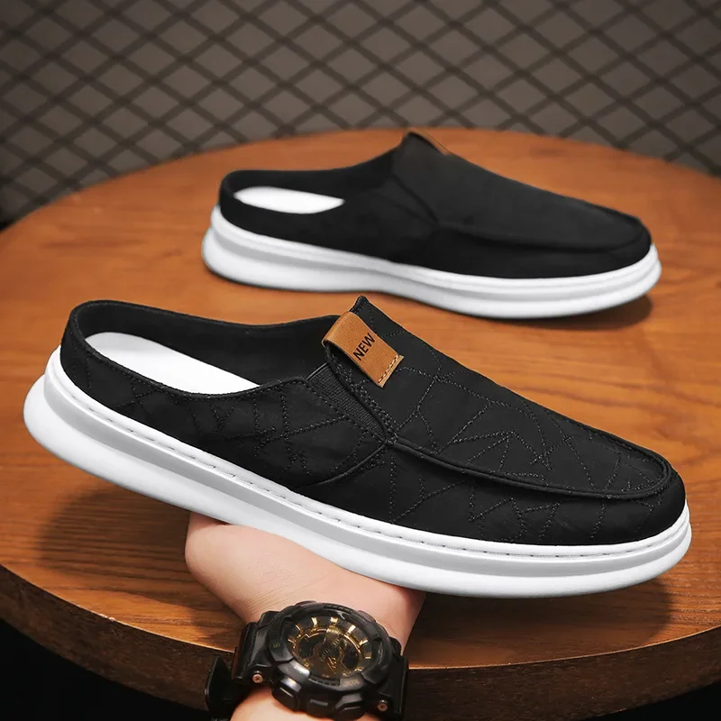 Canvas Shoes for Men in Summer, Breathable Cloth Shoes for Lazy People, One Foot Without Heels, Soft Soles, Casual Half Slippers