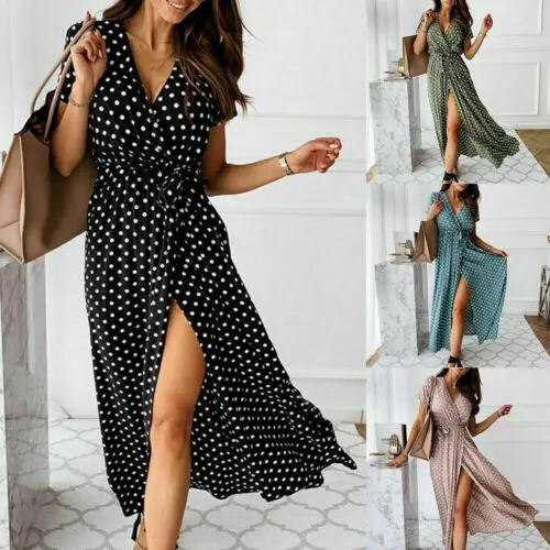 

Women V-Neck Polka Dot Long Maxi Dress Ladies Summer Holiday Beach Sundress