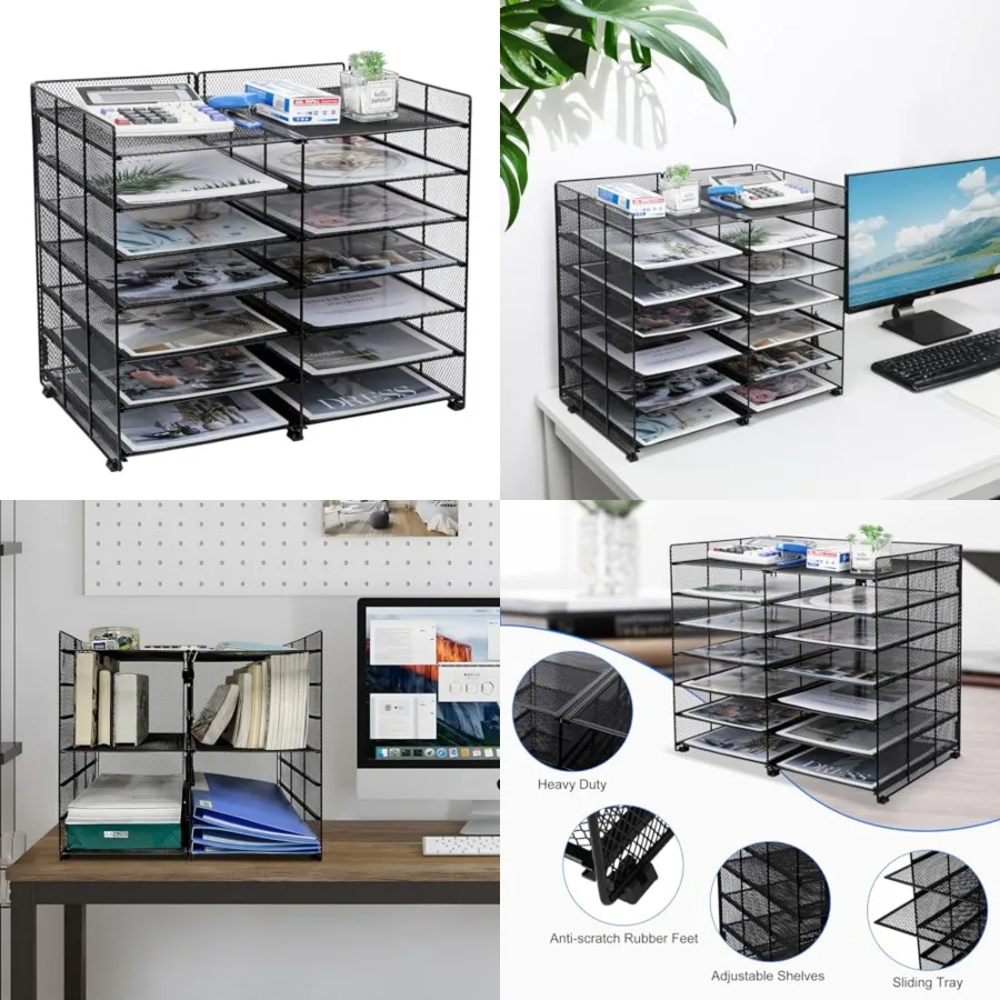 

7-Tier Desk Paper Organizer, 12 Slots Mesh Countertop File Mail Organizer, Adjustable Sliding Shelves, Desktop Mailbox Cubbies
