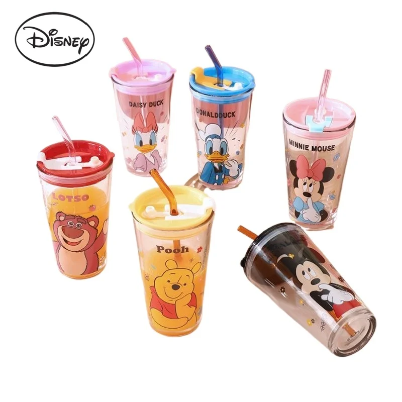 Disney Mickey glass straw cup cartoon Minnie Lotso Donald duck series student dormitory high-looking office creative water cup