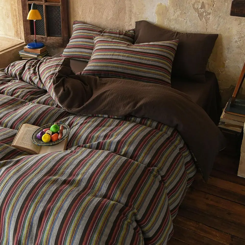 Striped Duvet Cover King Vintage Brown Comorter Cover King Size Cotton Double Gauze Zipper Duvet Cover Set with 2 Pillowcases Mu