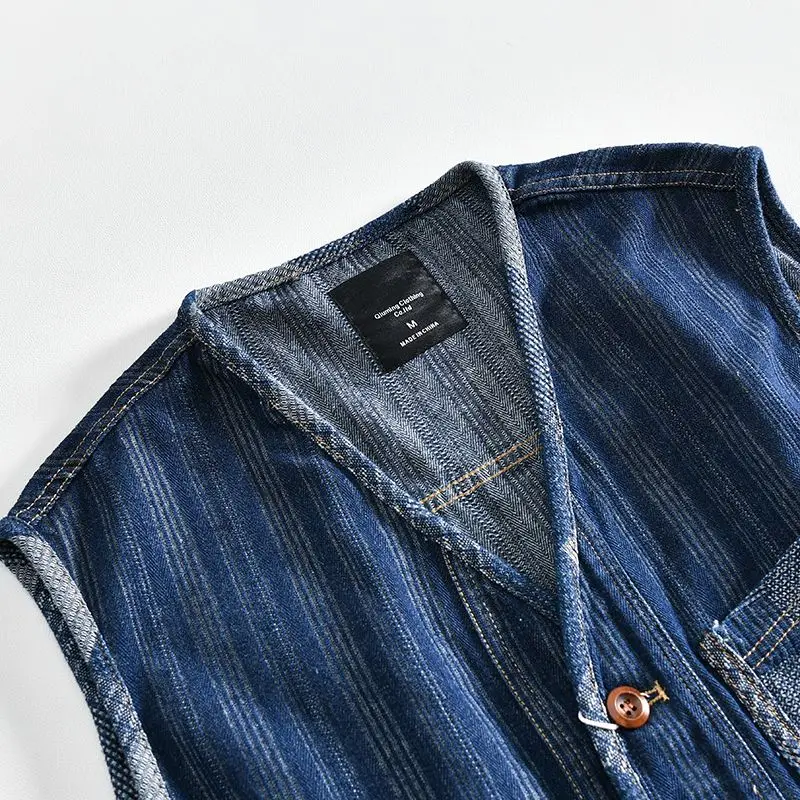 High-End Retro Washed Denim Workwear Vest for Men with Multiple Pockets V-Neck Summer Business Style Polyester Fiber