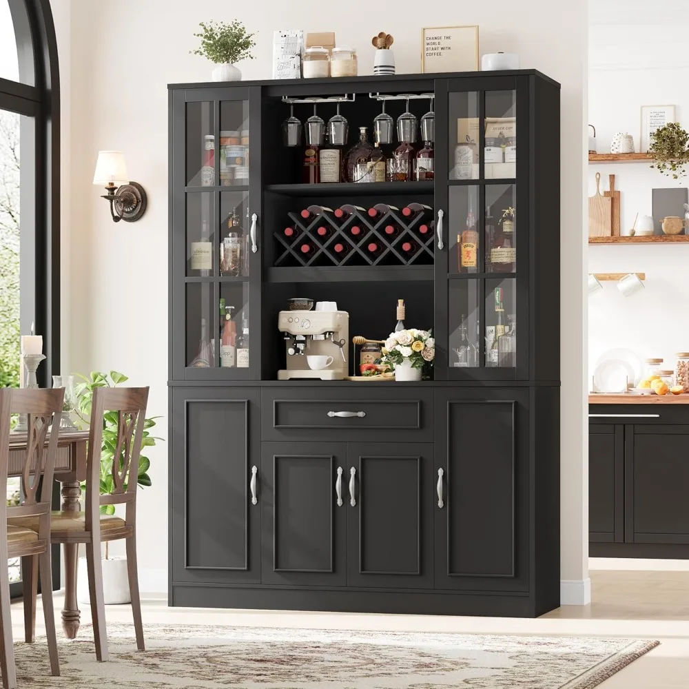 

74" Kitchen Pantry Cabinet,with Glass Door & Shelves, Wine & Glass Display Station, Large Kitchen Hutch Storage Cabinet