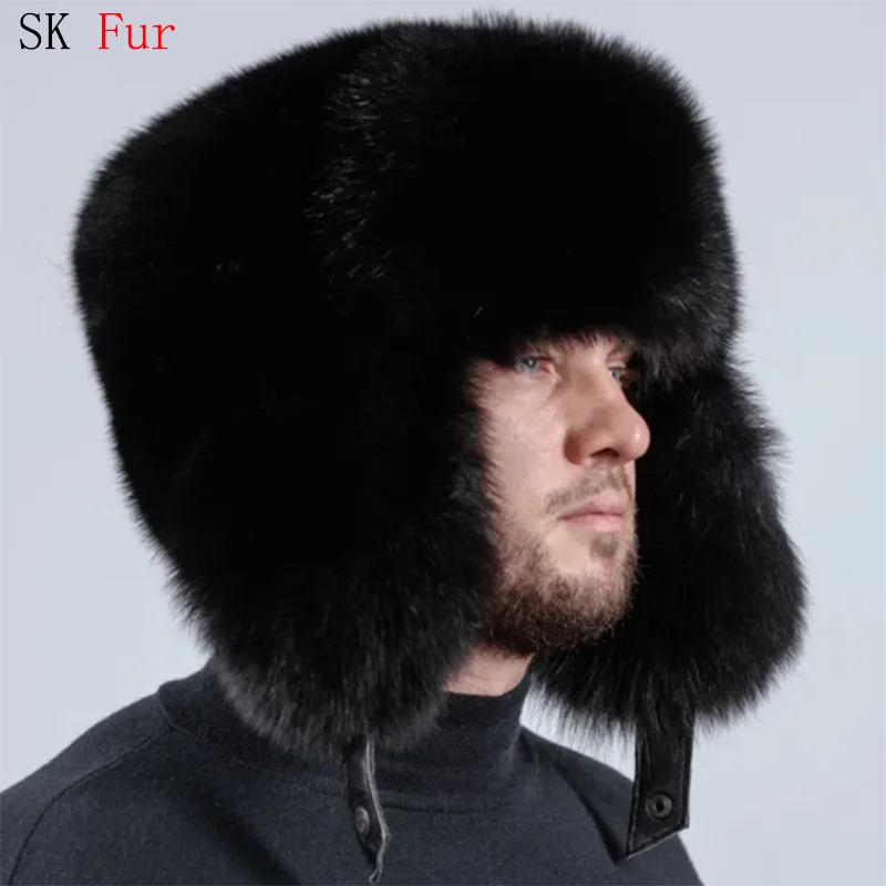 

Real Fur 100% Fox Skin Russian Businessmen Pilot Bombers Full Mao Men's hat Ushanka Winter Ear Guard Hat Fox Fur Beanie hat