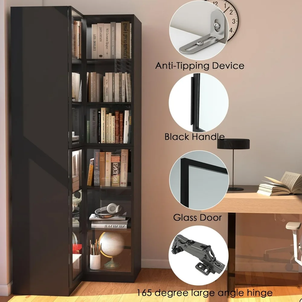 Libreria angolare moderna con ante in vetro: armadio portaoggetti a L, vetrina nera con illuminazione a LED