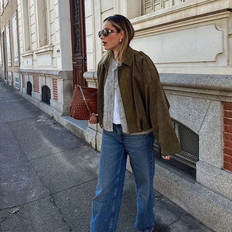 Vintage Women's Suede Bomber Jacket Fashion Street Lapel Zipper Full Sleeve Short Coats 2025 Spring Lady Casual Commute Outwear