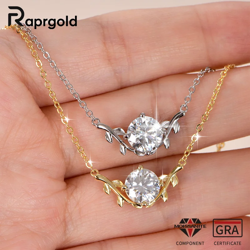 

RAPRGOLD GRA Certified 2.0CT Round Moissanite Fashion Vine Solitaire Pendant Necklaces for Women Chains Fine Neck Jewelry Gifts