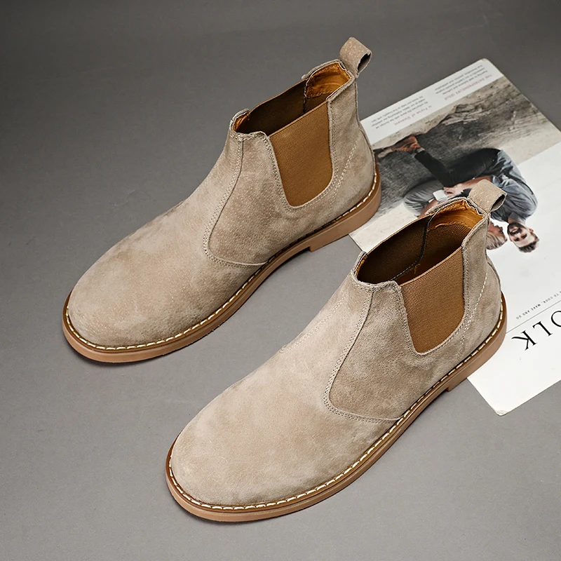 Moda Zamszowe buty pustynne Mężczyźni Wysokie buty Chelsea Skórzane buty codzienne Męskie buty wsuwane na niskim obcasie Buty robocze na zewnątrz Mężczyzna — zdjęcie 7
