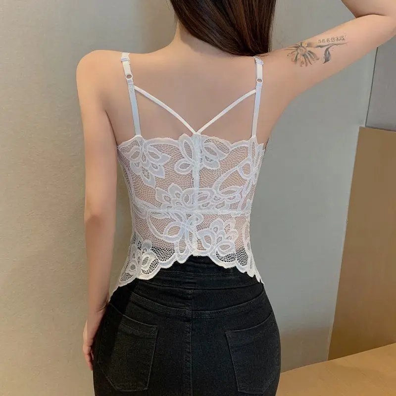 Lingerie seksi renda atasan tabung dua potong pakaian wanita tren Bustier Bra bantalan Bandesu Crop Top Tank Top atasan bawah Putih Hitam