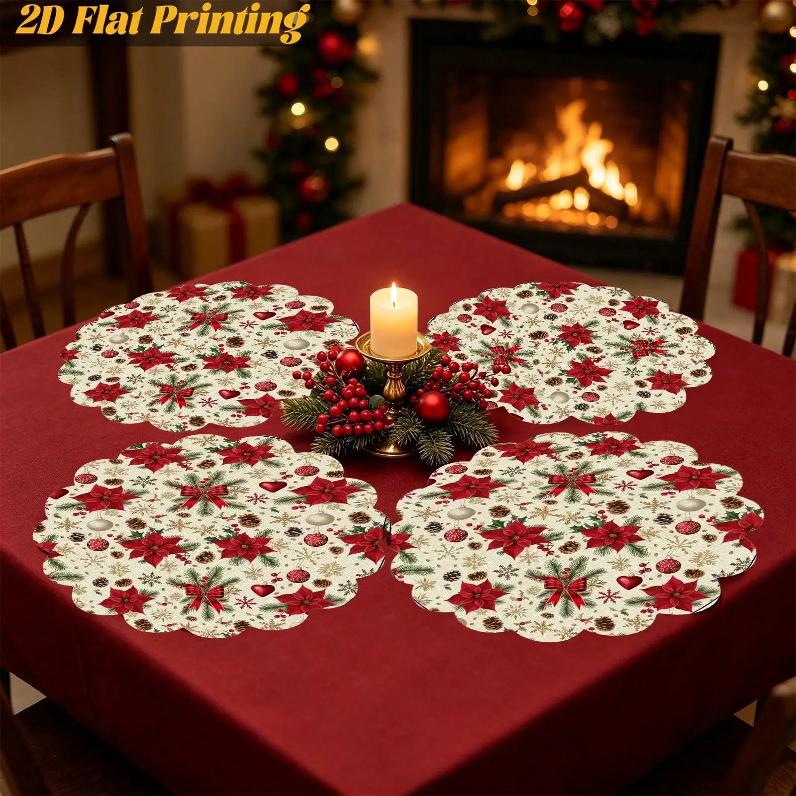 6PCS White Poinsettia Pinecone Scalloped Edge Placemat | Family Daily Meals,Kitchen Bar Counter,Single Person Dining,2D Flat Print | Thanksgiving & Christmas Gifts