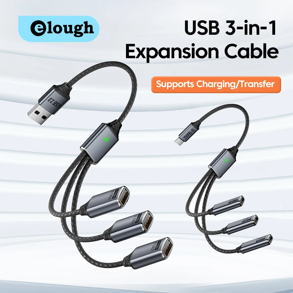 USB/Type-C 3 في 1 كابل توسيع USB2.0 الفاصل محور المتوسع شاحن الهاتف محول الطاقة OTG شحن آيفون 15 16 سامسونج