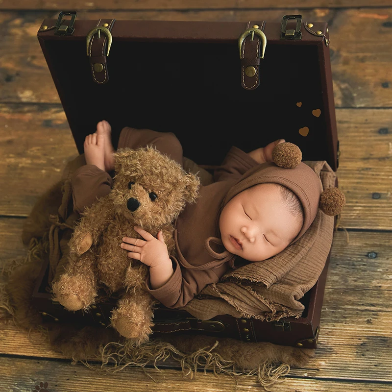 Cute Bear Doll Props Newborn Photography Bear Hat + Clothing Set Baby Posing Background Prop Studio Photo Shooting Accessories