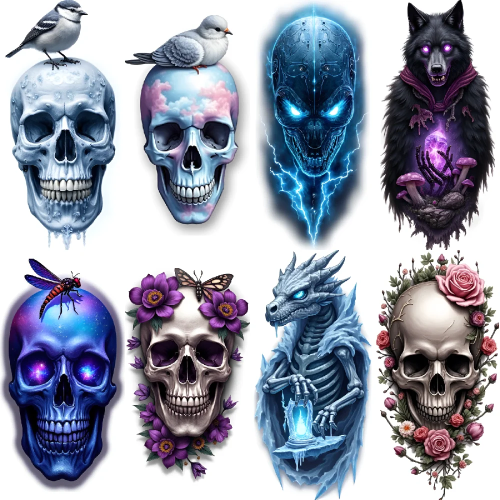 

3pcs Temporary Tattoo Skull With Dragonfly Colorful Realism Electric Skull Dragon Skeleton Realistic Temporary Tattoos For