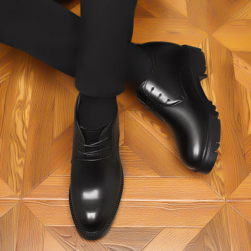 10cm Height Increasing Cowhide Men's Shoes, Fashionable, Casual, Business Office Thick Soled Men's Formal Shoes