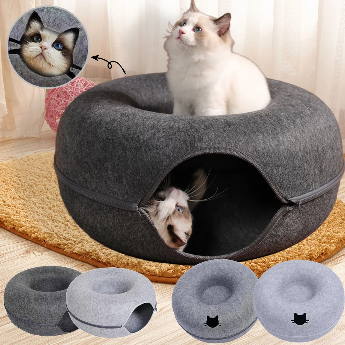 Cama de Fieltro Tipo Donut para Gatos con Orificio de Ventilación, Cama para Perros, Juguetes Interactivos para Gatos, Túnel 2 en 1 para Gatos