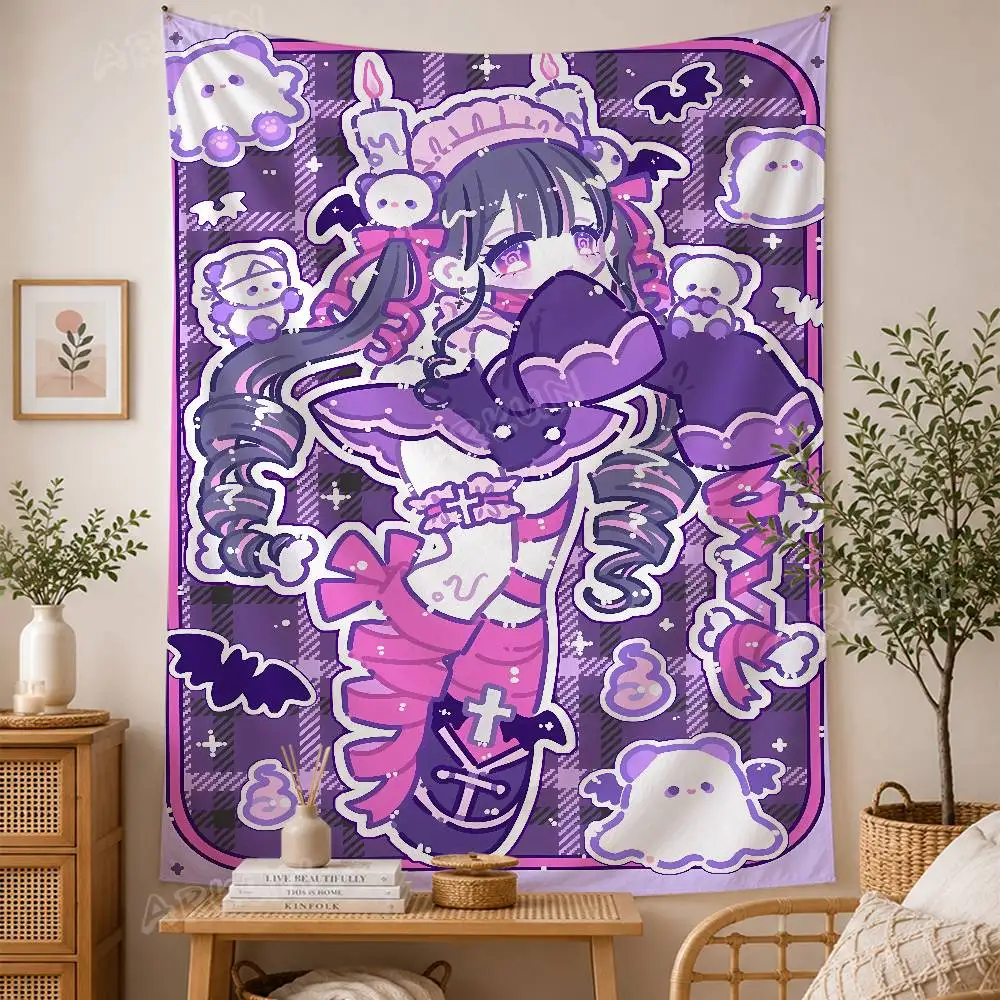 Pastel Goth Anime Girl Tapestry, Cute Spooky Ghost Bat Plaid Background Wall Hanging, Kawaii Dark Purple Pink Cartoon Decor
