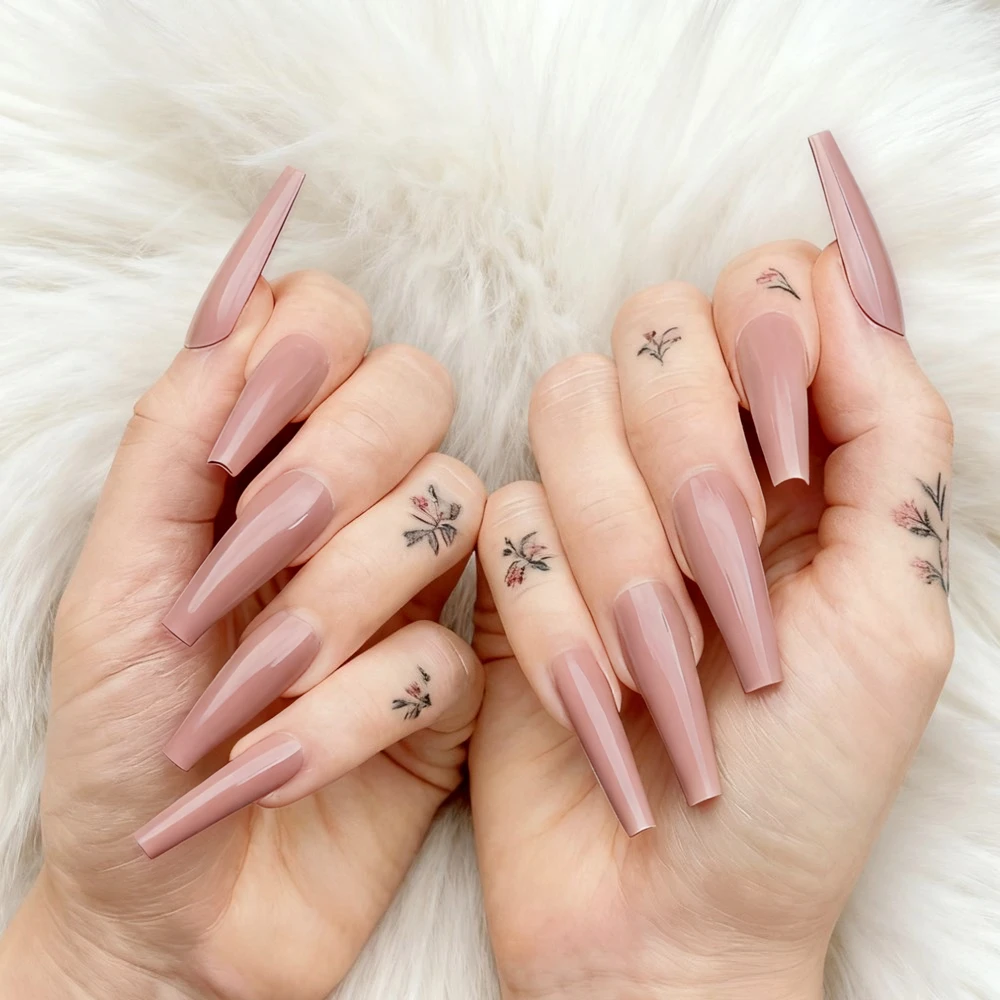 48Pcs Shiny Nude Long Artificial Fake Nails With Glue Ballet Stiletto Shaped False Nails DIY Woman Finger Tips Manicure Tools