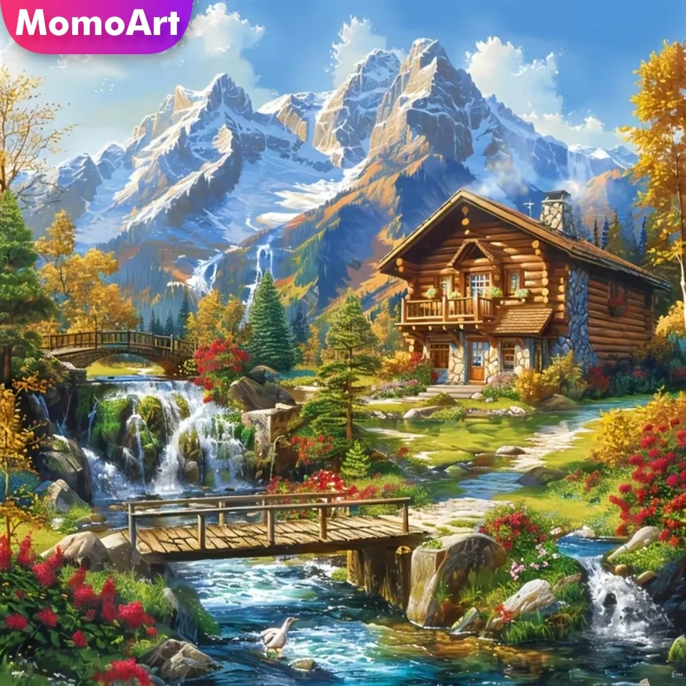 Momoart Full Square Round Diamond Embroidery House Scenery Painting River DIY Diamond Mosaic Mountain Kits Decor for Home