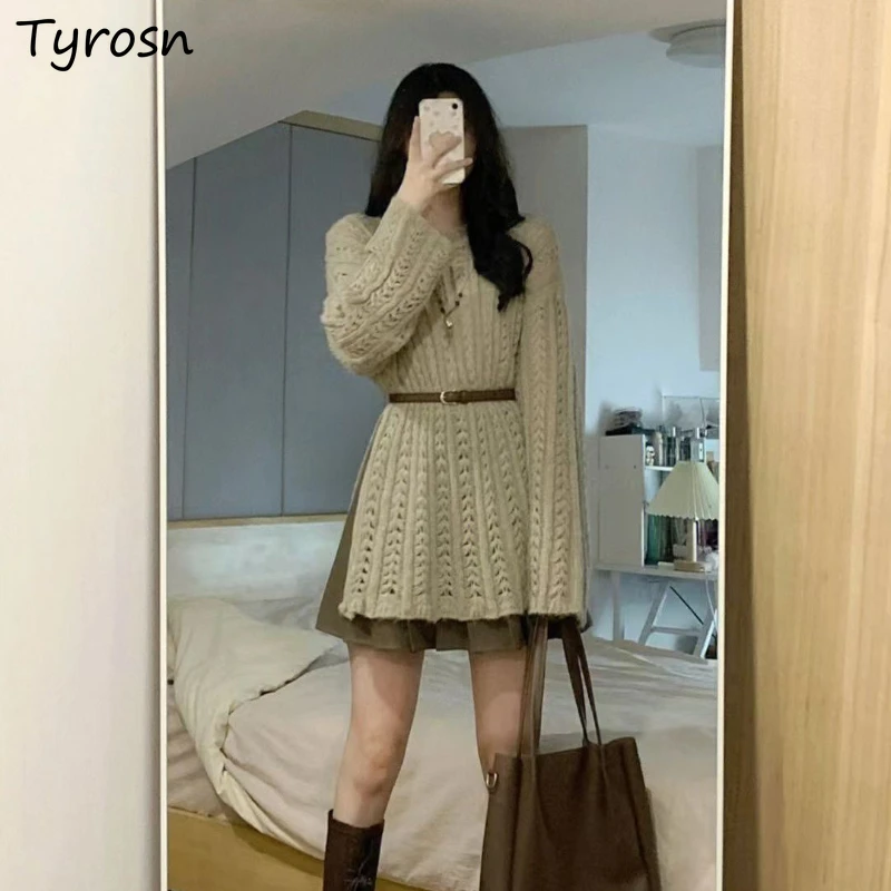 

Sets Women Knitted Long Sleeve Hollow Out Sweaters+pleated Skirts Fashion Autumn Winter Simple Leisure Female Elegant Tender Ins