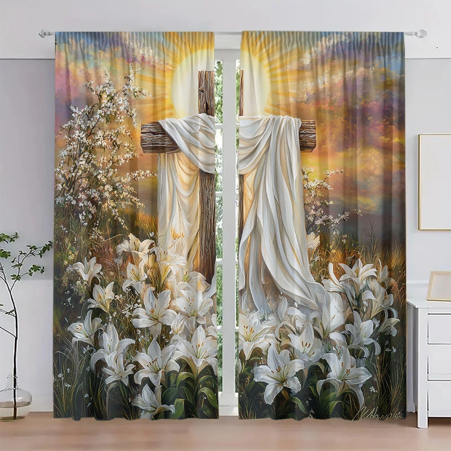 2PCS Digital Printed Curtains, Lily Cross Design, Modern Minimalist Style Rod Pocket Window Drapes for Living Room Decor